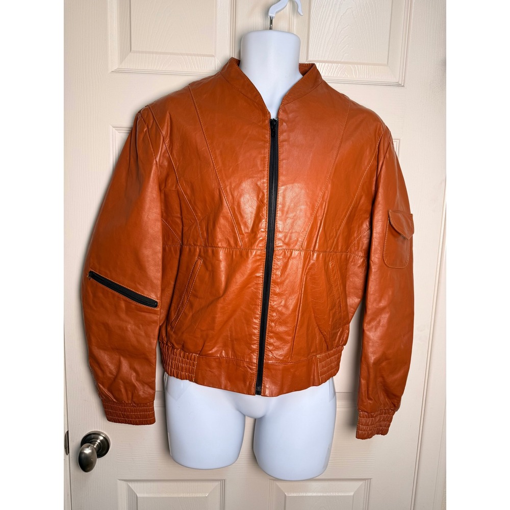 Vintage 70s 80s Genuine Leather Bomber Jacket Hecho en Mexico Burnt Orange M/L